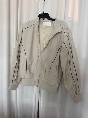 OAK + FORT Light Beige Zip-Front Bomber Jacket with Black Piping